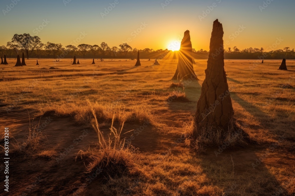 sunrise casting long shadows on termite mounds