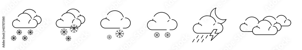 Weather icons in line style. Weather line icon set isolated. Clouds logo and sign, vector illustration. Weather forecast - outline web icon set, Simple Thin line icons collection. Weather icons in line style. Weather line icon set isolated. Clouds logo and sign, vector illustration. Weather forecast - outline web icon set, Simple Thin line icons collection.
