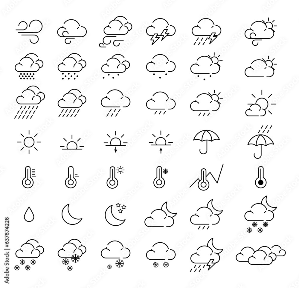 Weather icons in line style. Weather line icon set isolated. Clouds logo and sign, vector illustration. Weather forecast - outline web icon set, Simple Thin line icons collection. Weather icons in line style. Weather line icon set isolated. Clouds logo and sign, vector illustration. Weather forecast - outline web icon set, Simple Thin line icons collection.