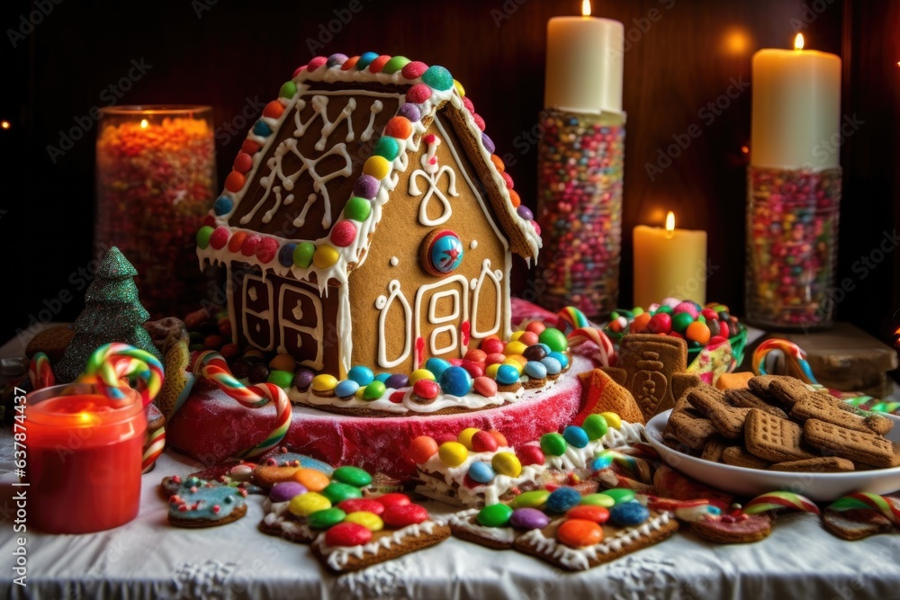 decorated gingerbread house surrounded by holiday treats