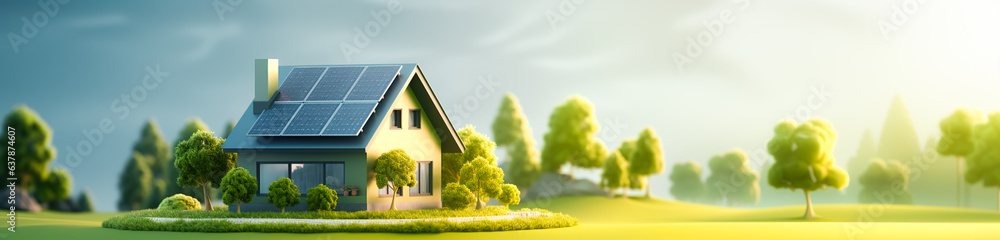 Home,house with solar rooftop in power alternative concepts.ecosystem and green environment.landscape nature background.living design Home,house with solar rooftop in power alternative concepts.ecosystem and green environment.landscape nature background.living design