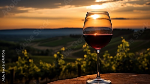 Red wine glass with view of vineyard. Glass of red wine against sunset sunset. AI generative.