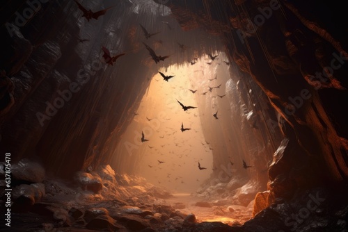 Photo close-up of bats flying out of a dark cave entrance