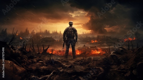 Soldier standing on war scenes battlefield. AI generative.