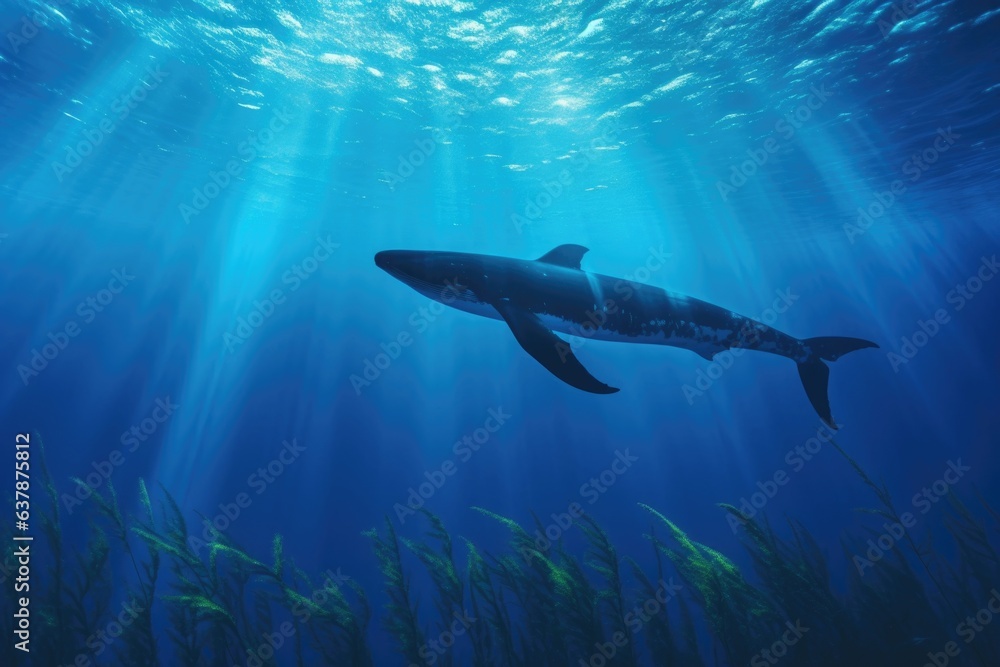 silhouette of blue whale diving deep beneath ocean surface