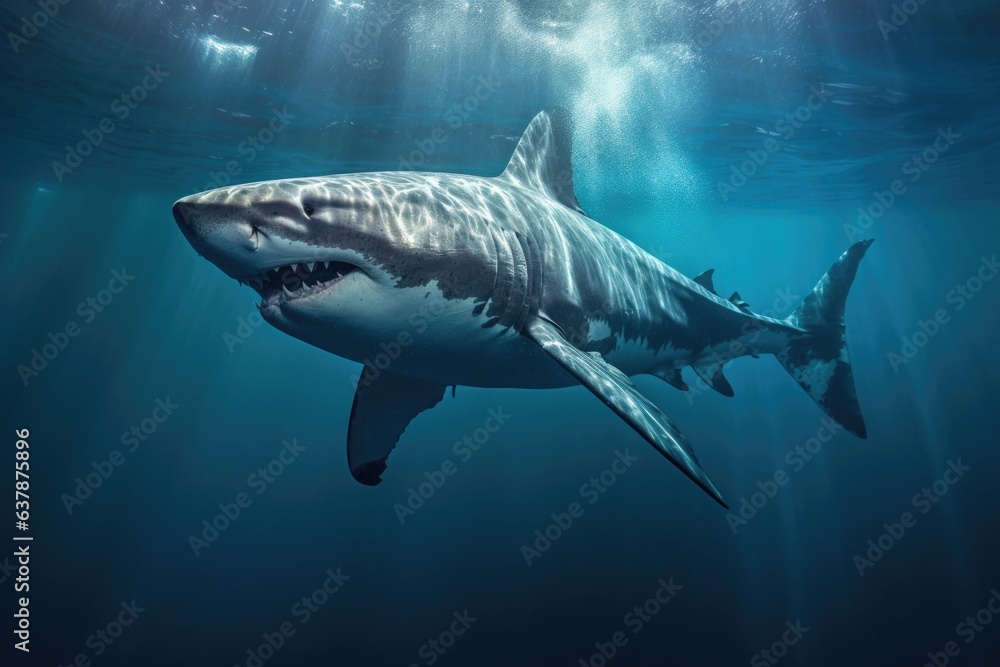 Fototapeta premium underwater view of great white shark preparing to breach