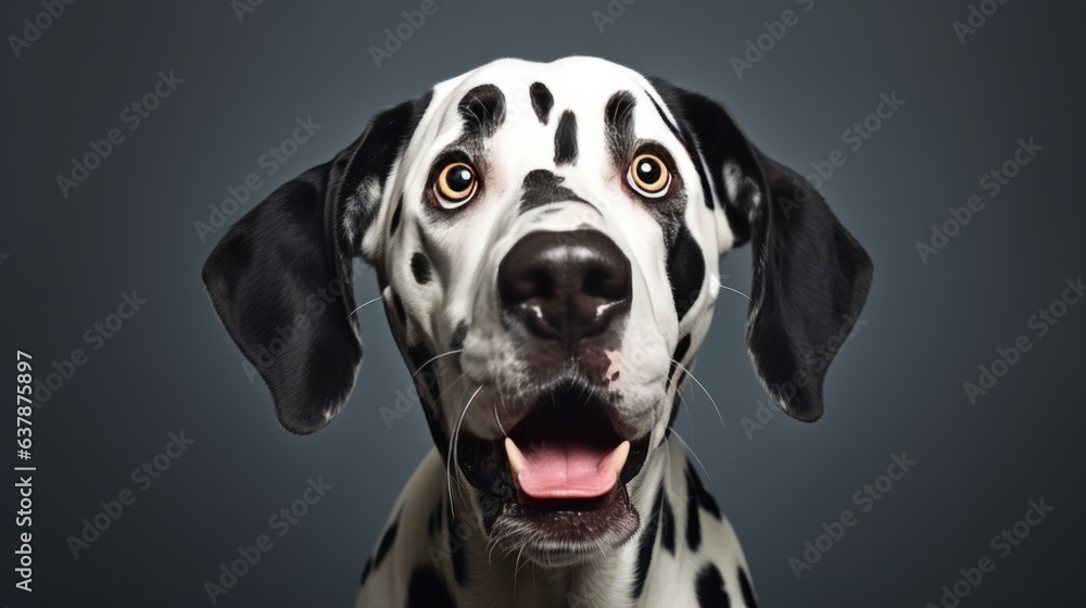 Studio portrait of a Dalmatian dog with a surprised face. AI generative. Studio portrait of a Dalmatian dog with a surprised face. AI generative.