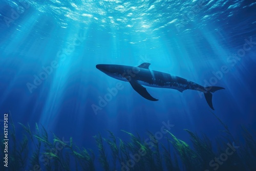 silhouette of blue whale diving deep beneath ocean surface