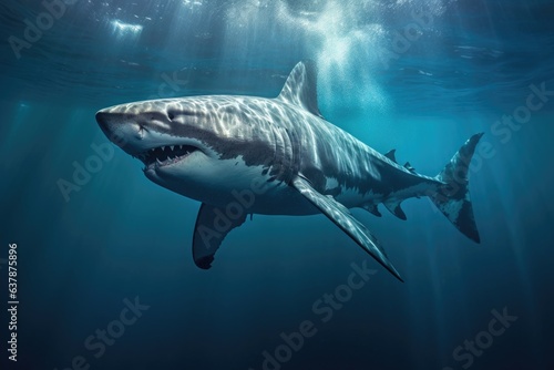 underwater view of great white shark preparing to breach