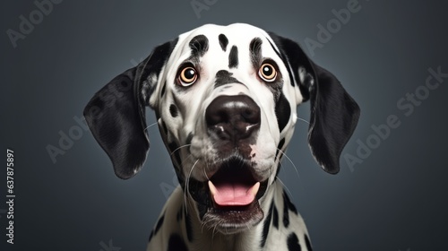 Studio portrait of a Dalmatian dog with a surprised face. AI generative. © vadymstock