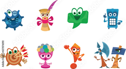 Fun game icons set. Cartoon characters for various game situations. Bright isolated symbols