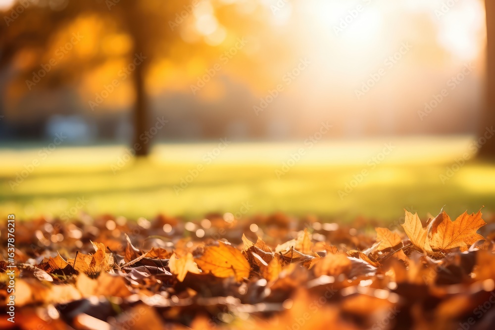 idyllic fall leaf meadow background in sunshine close-up