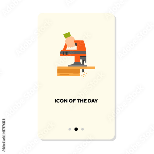 Hand of carpenter using perforator flat icon. Vertical sign or vector illustration of repairman element or symbol. Work, equipment, repair service, maintenance concept for web design and apps
