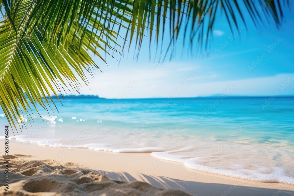 idyllic tropical sand beach scene with blue water wave and palm leaf