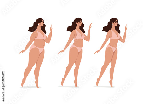 Weight loss stages, overweight woman losing weight from fitness or diet, set of flat cartoon vector illustrations isolated on white background.