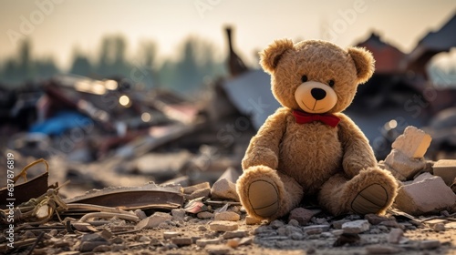 Teddy bear sitting on a pile of rubble representing the loss. AI generative.