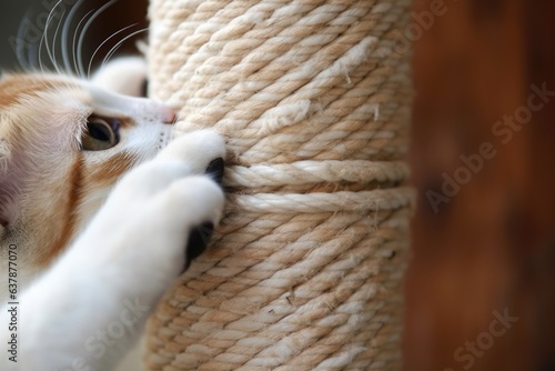 close-up of cats claws on a sisal rope scratching post