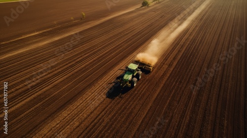 Aerial view of Tractor on Plantation at Sunset. Generative Ai