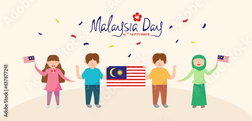 Malaysia day banner vector illustration. Kids holding Malaysia flag to celebrate the national day of Malaysia. 16 th September.