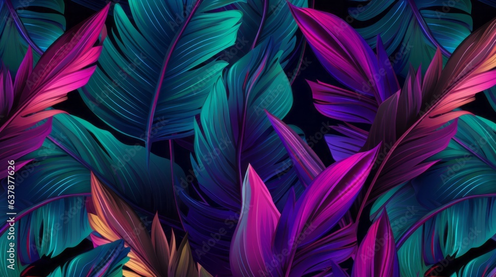 Tropical exotic seamless pattern with neon. AI generative. Tropical exotic seamless pattern with neon. AI generative.