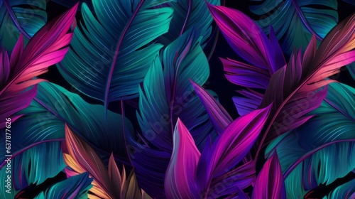 Tropical exotic seamless pattern with neon. AI generative.