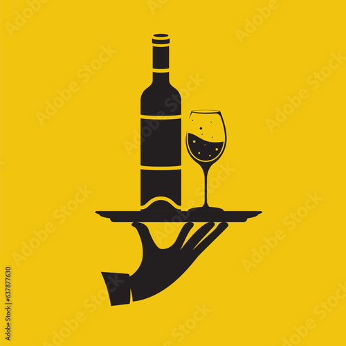 Bottle of wine with glass on tray. Black icon. Tray in the waiter's hand. Red wine in a glass. Vector illustration flat design. Isolated on white background.