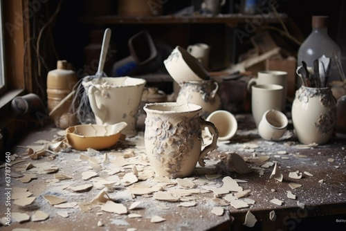 ceramic pieces of a broken mug on a workbench