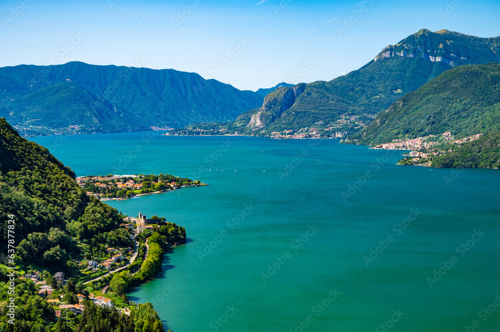 A view of Lake Como from the church of San Rocco, in Dorio, towards the south, with Bellagio, the mountains, the panorama.