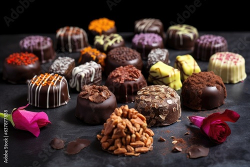 chocolate pralines with various toppings photo