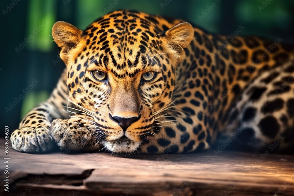 Fototapeta premium wild leopard lying on a wooden surface, animal wildlife
