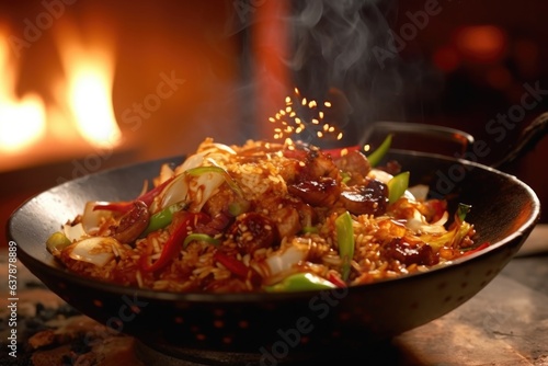 close-up of wok flames engulfing rice dish