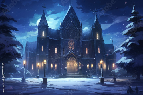anime style setting, a magnificent winter church