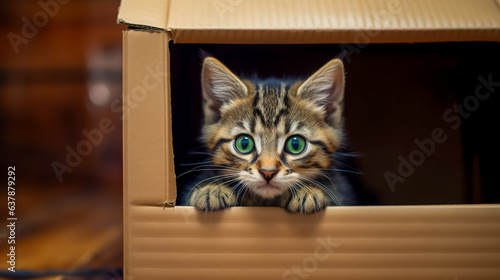 Kitten head with paws up peeking over blank sign placard. Pet kitten curiously peeking behind background.