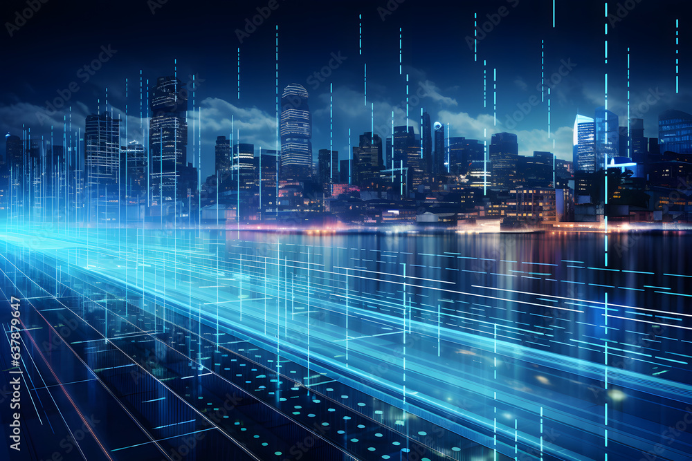 Datafication of the world, smart connected city illustrating data transfer