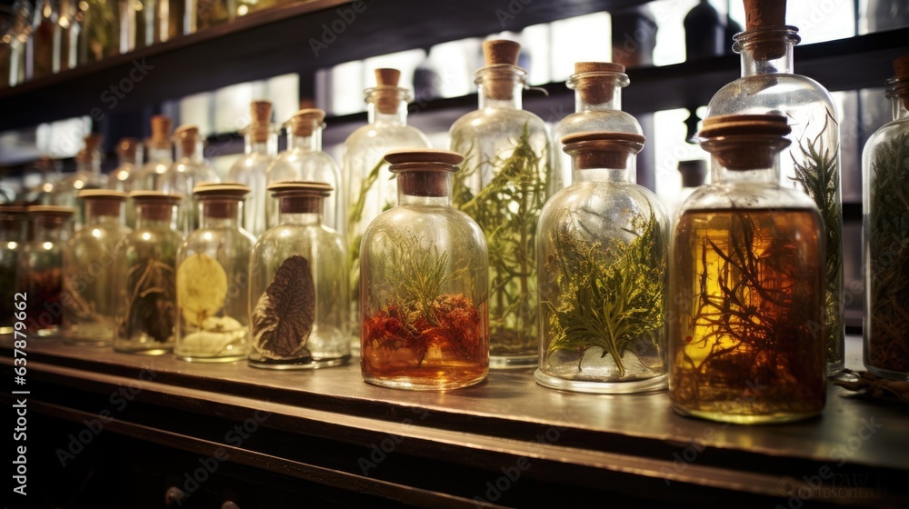Herbal apothecary aesthetic concept. Natural dried plants herbs, spices, flowers ingredients in vintage inspired pharmacy. Organic alternative medicine. AI illustration.. Herbal apothecary aesthetic concept. Natural dried plants herbs, spices, flowers ingredients in vintage inspired pharmacy. Organic alternative medicine. AI illustration..