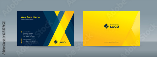 Double sided business card template with intersecting yellow blue transparent rectangles