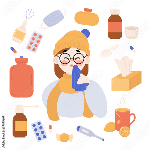 Young girl in glasses and yellow hat caught cold flu or virus. Treatments to avoid illness