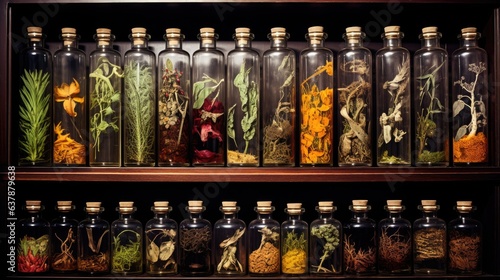 Herbal apothecary aesthetic concept. Natural dried plants herbs, spices, flowers ingredients in vintage inspired pharmacy. Organic alternative medicine. AI illustration..