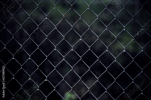 wet metal fence under the rain. Metal barrier wet with rainwater. Cloudy and gray day.