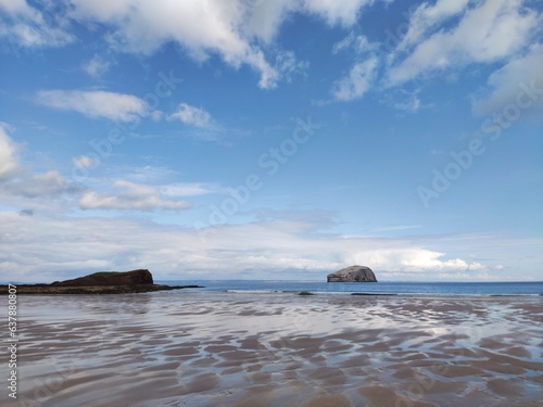 View of Bass Rock from beach below Tantallon Castle, North Berwick, East Lothian, Scotland