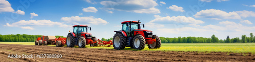 Two tractors before work with plows in the field. Generative AI.