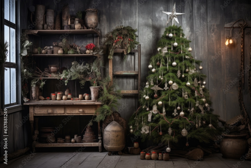 christmas tree with rustic and natural decorations