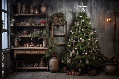 christmas tree with rustic and natural decorations