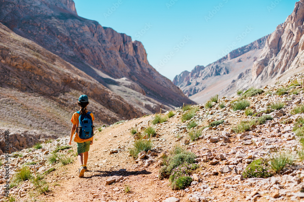 boy with a backpack walks along a mountain path. the child travels to the mountains with a backpack. mountain hike in high mountains.