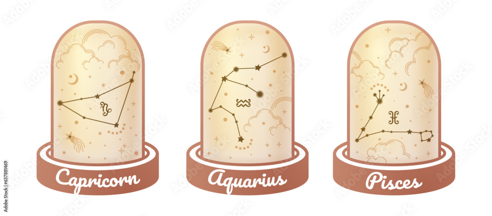 Capricorn, Aquarius, and Pisces zodiac symbols and star signs constellation simple styles surrounded by golden clouds, moon, stars, and stardust in the magic jar, esoteric.  - obrazy, fototapety, plakaty 
