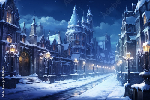 anime style background, a city in winter
