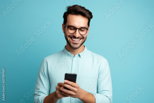 man with phone on blue background. . © wolfhound911