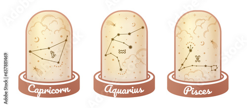 Capricorn, Aquarius, and Pisces zodiac symbols and star signs constellation simple styles surrounded by golden clouds, moon, stars, and stardust in the magic jar, esoteric. 