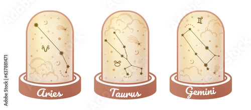 Aries, Taurus, and Gemini zodiac symbols and star signs constellation surrounded by moon, stars, and stardust in the magic jar, esoteric, and boho styles. 