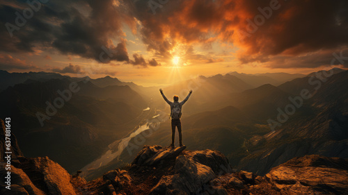 Success man hiker hiking on sunrise mountain peak. . © wolfhound911